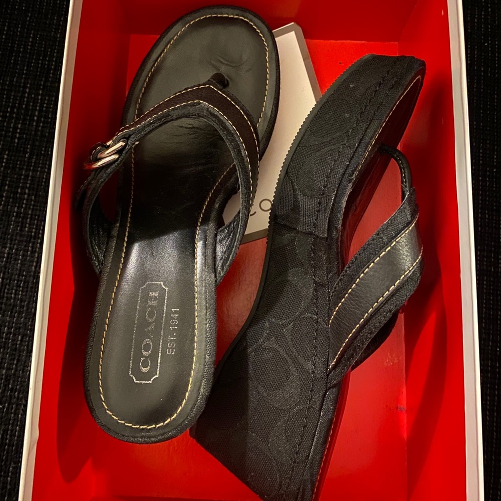Black Coach Pattern Wedge Heels Shoes